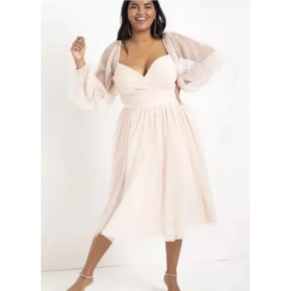 Nabela Noor x Eloquii Size 16 Tiered Puff Sleeve‎ Tulle Midi Dress Blush Pink - Picture 1 of 11